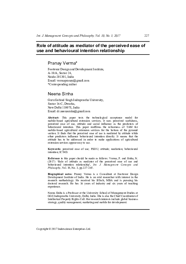 (PDF) Role of attitude as mediator of the perceived ease of use and ...