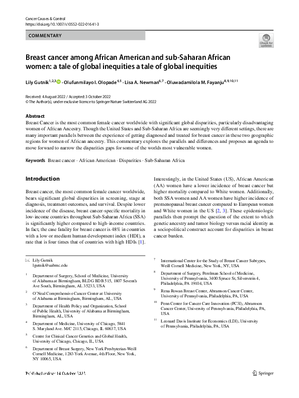 (PDF) Breast cancer among African American and sub-Saharan African ...