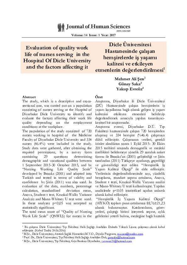 (PDF) Evaluation of quality work life of nurses serving in the Hospital ...