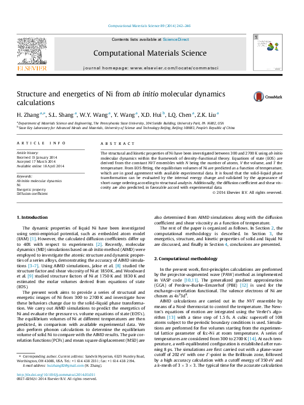 (PDF) Structure and energetics of Ni from ab initio molecular dynamics ...