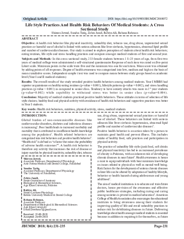 (PDF) Life Style Practices And Health Risk Behaviors Of Medical ...