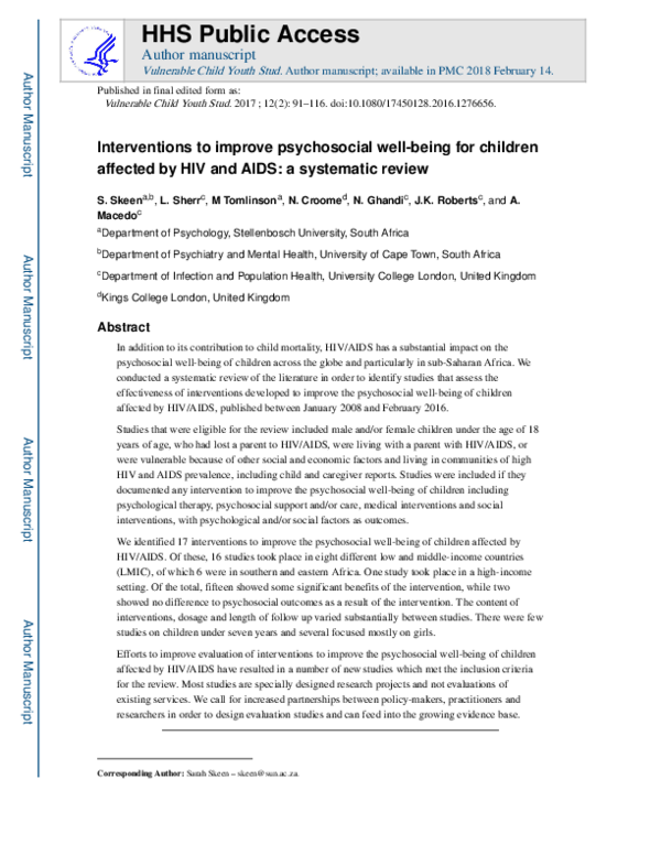 (PDF) Interventions to improve psychosocial well-being for children ...