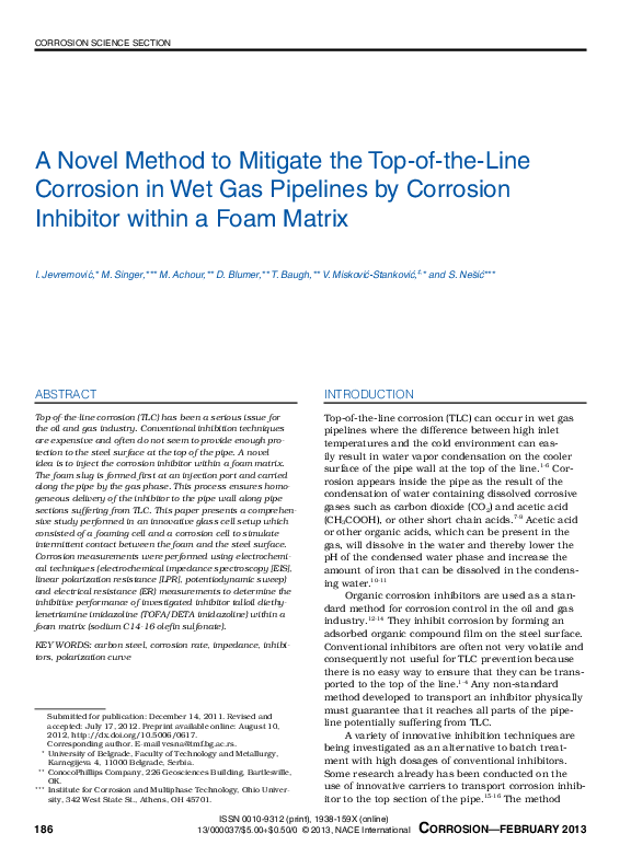 (PDF) A Novel Method to Mitigate the TopoftheLine Corrosion in Wet