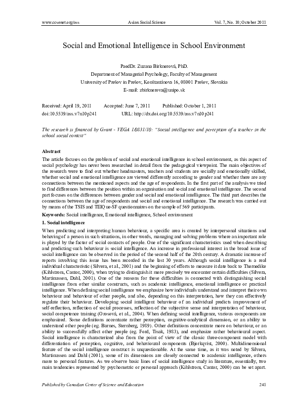 (PDF) Social and Emotional Intelligence in School Environment