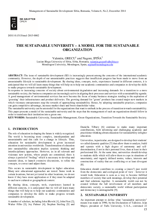 (PDF) The Sustainable University – A Model for the Sustainable Organization