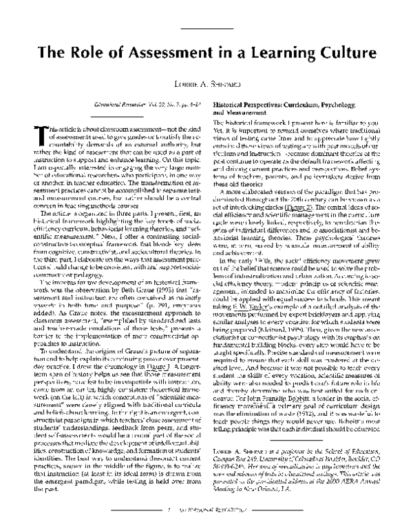 (PDF) The Role of Assessment in a Learning Culture