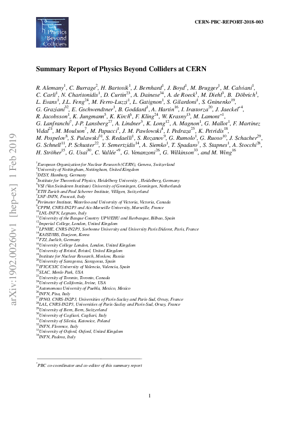 (PDF) Summary Report of Physics Beyond Colliders at CERN