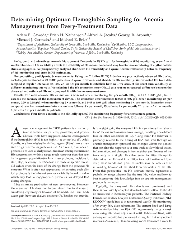 (PDF) Determining Optimum Hemoglobin Sampling for Anemia Management from EveryTreatment Data