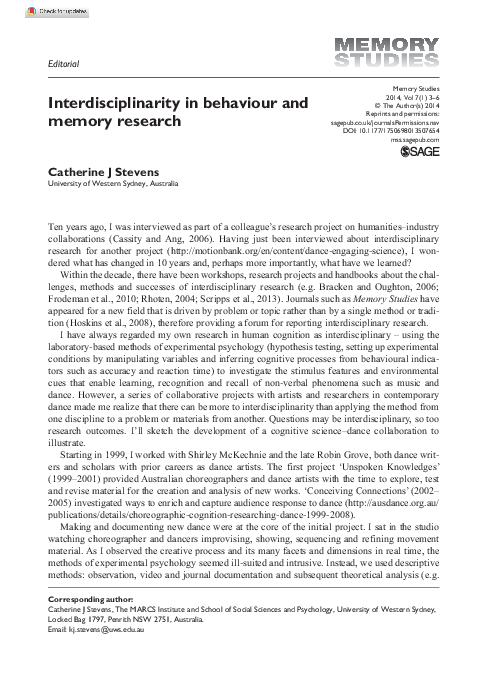 (PDF) Interdisciplinarity in behaviour and memory research