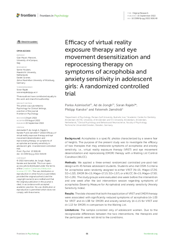 (PDF) Efficacy of virtual reality exposure therapy and eye movement