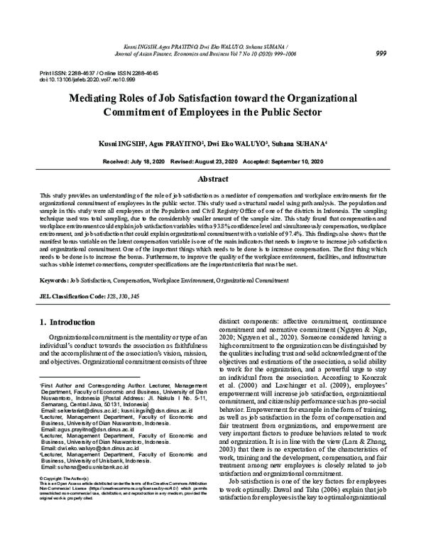 (PDF) Mediating Roles of Job Satisfaction toward the Organizational ...