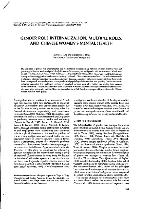 (PDF) Gender Role Internalization, Multiple Roles, and Chinese Women's ...