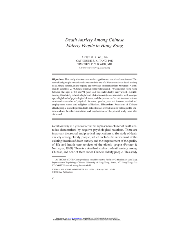(PDF) Death Anxiety among Chinese Elderly People in Hong Kong