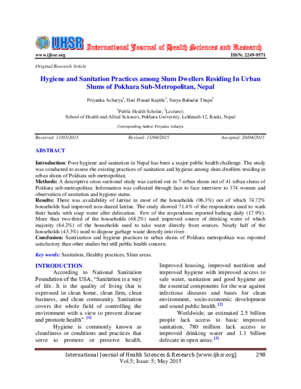 (PDF) Hygiene and Sanitation Practices among Slum Dwellers Residing In ...