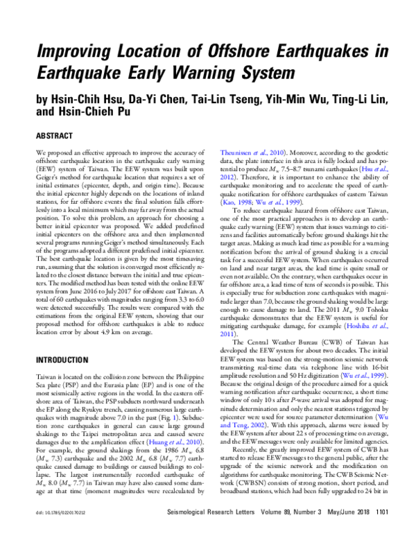 (PDF) Improving Location of Offshore Earthquakes in Earthquake Early