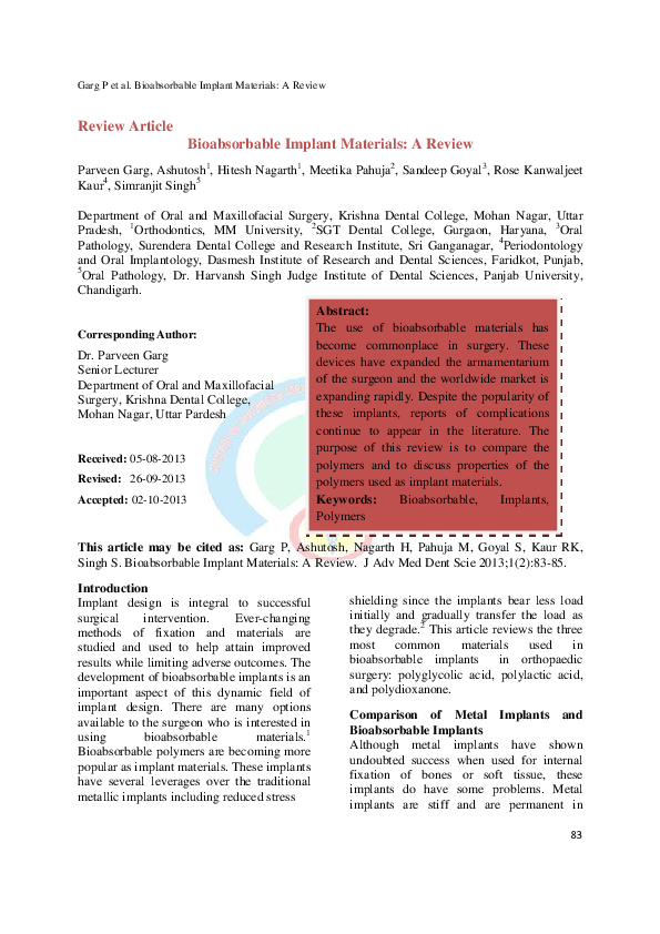 (PDF) Review Article Bioabsorbable Implant Materials: A Review
