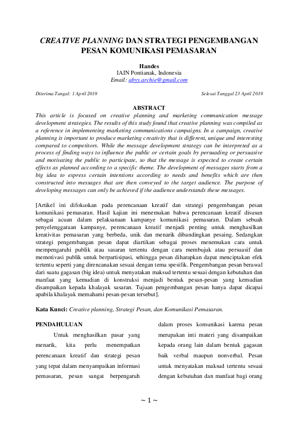 (PDF) CREATIVE PLANNING DAN STRATEGI PENGEMBANGAN PESAN KOMUNIKASI PEMASARAN Handes HA
