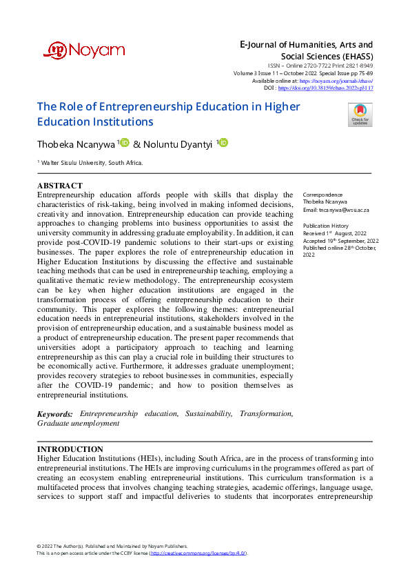 (PDF) The Role of Entrepreneurship Education in Higher Education ...