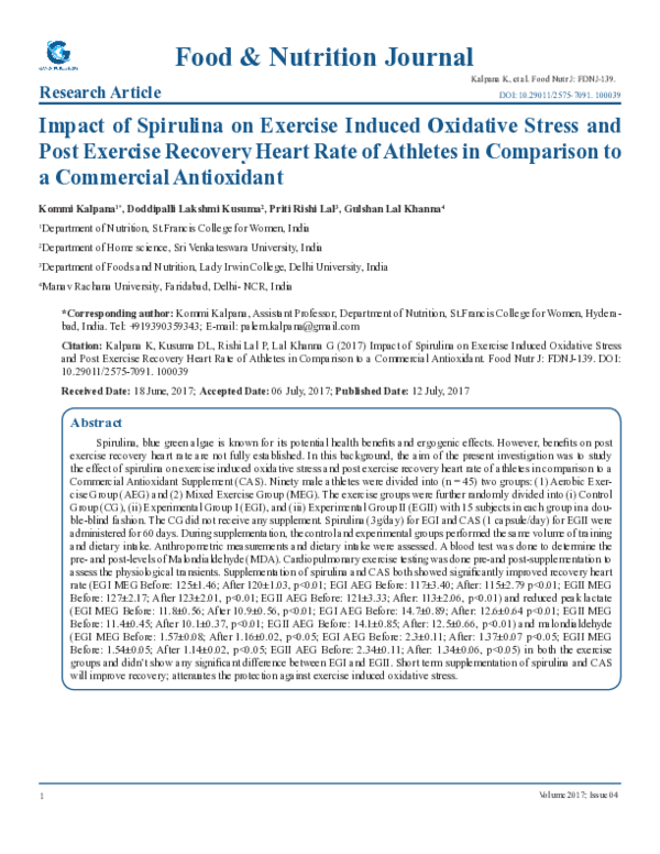 (PDF) Impact of Spirulina on Exercise Induced Oxidative Stress and Post ...