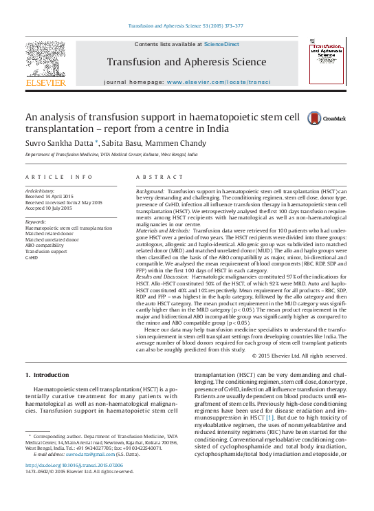 (PDF) An analysis of transfusion support in haematopoietic stem cell ...