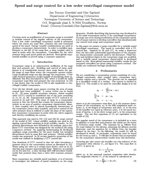 (PDF) Speed and surge control for a low order centrifugal compressor model