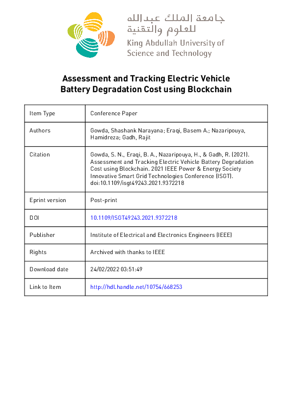 (PDF) Assessment and Tracking Electric Vehicle Battery Degradation Cost
