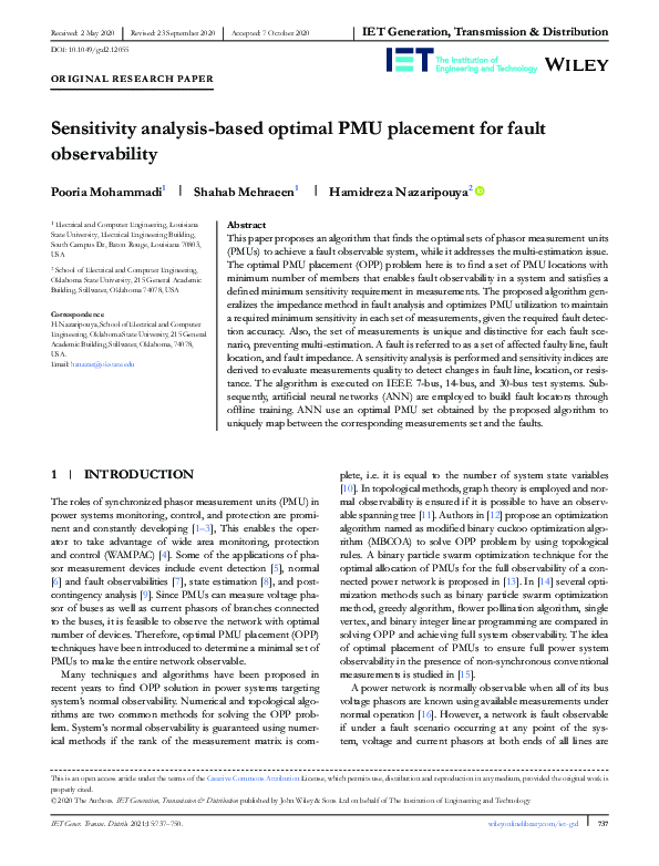 (PDF) Sensitivity analysis‐based optimal PMU placement for fault ...