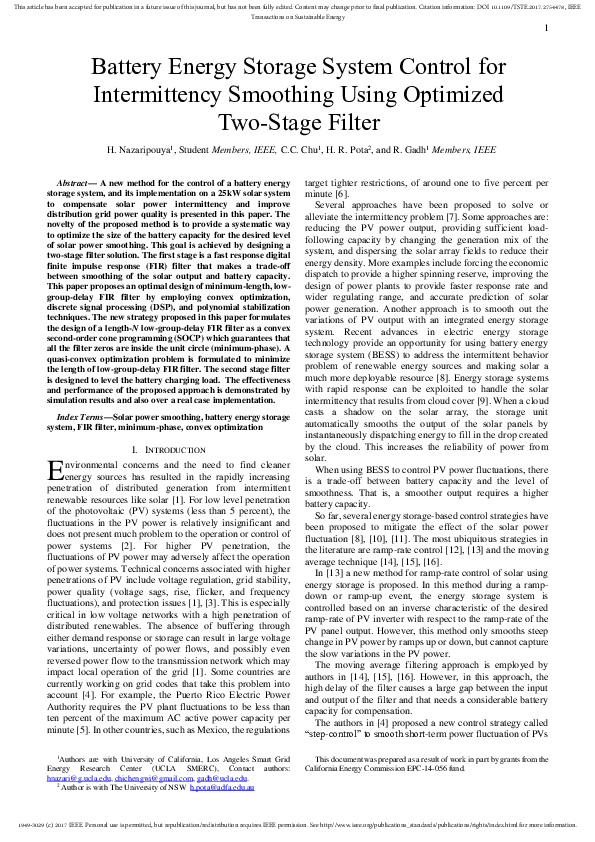 (PDF) Battery Energy Storage System Control for Intermittency Smoothing ...