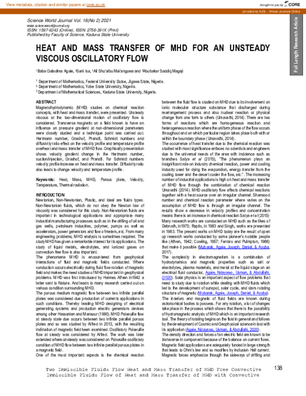 (PDF) Heat and Mass Transfer of MHD for an Unsteady Viscous Oscillatory ...