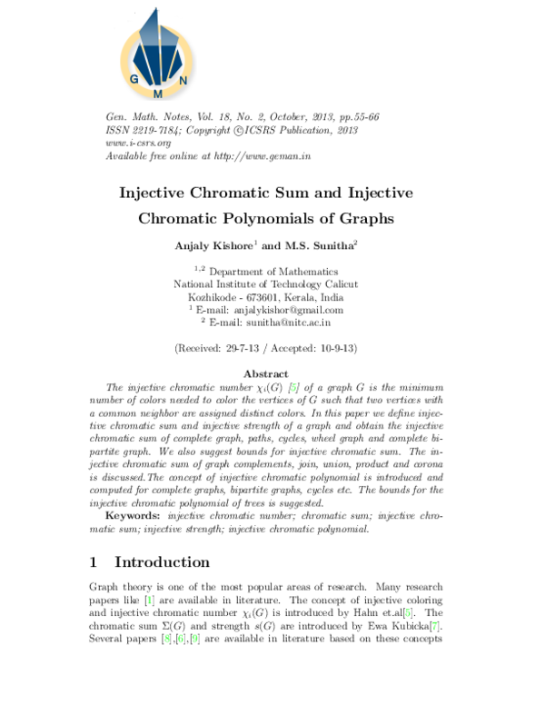 (PDF) Injective Chromatic Sum and Injective Chromatic Polynomials of Graphs