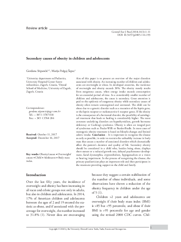 (PDF) Secondary causes of obesity in children and adolescents