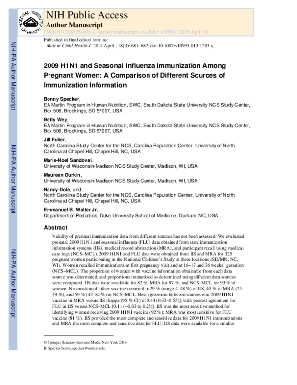 (PDF) 2009 H1N1 and Seasonal Influenza Immunization Among Pregnant ...