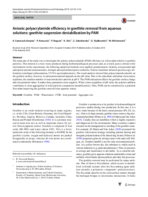 (PDF) Anionic polyacrylamide efficiency in goethite removal from ...