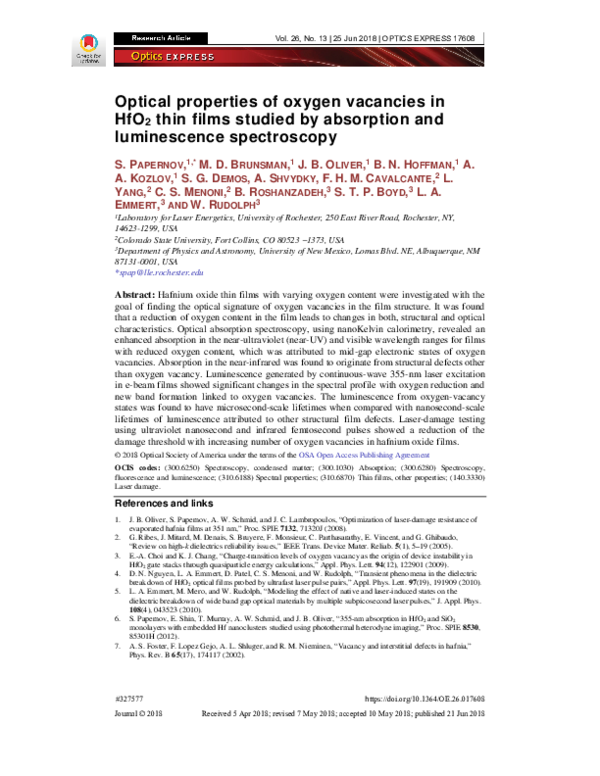 (PDF) Optical properties of oxygen vacancies in HfO2 thin films studied ...
