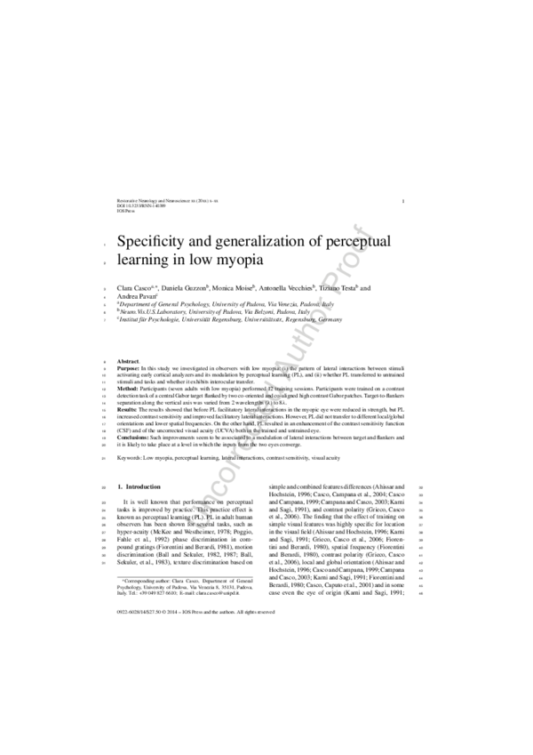 (PDF) Specificity and generalization of perceptual learning in low myopia