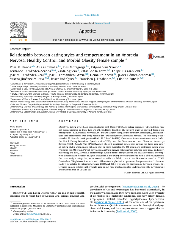 (PDF) Relationship between eating styles and temperament in an Anorexia ...