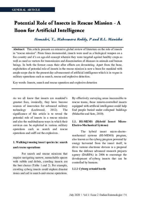 (PDF) Potential role of insects in Rescue mission