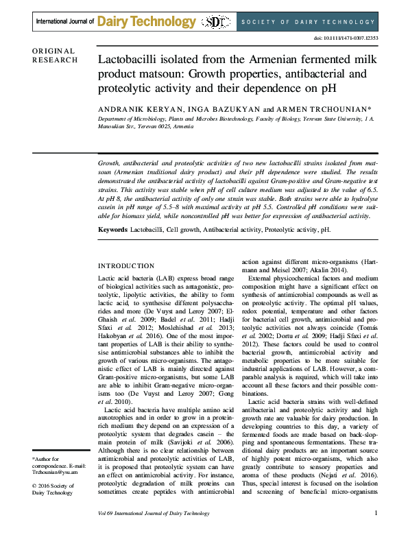(PDF) Lactobacilli isolated from the Armenian fermented milk product ...