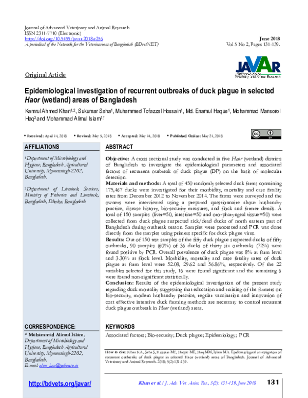 (PDF) Epidemiological investigation of recurrent outbreaks of duck ...