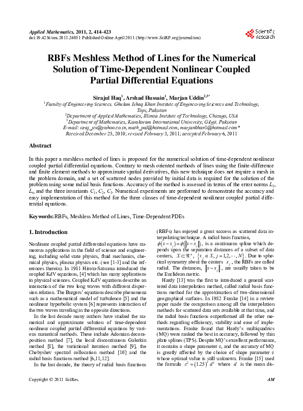 (PDF) RBFs Meshless Method of Lines for the Numerical Solution of Time ...