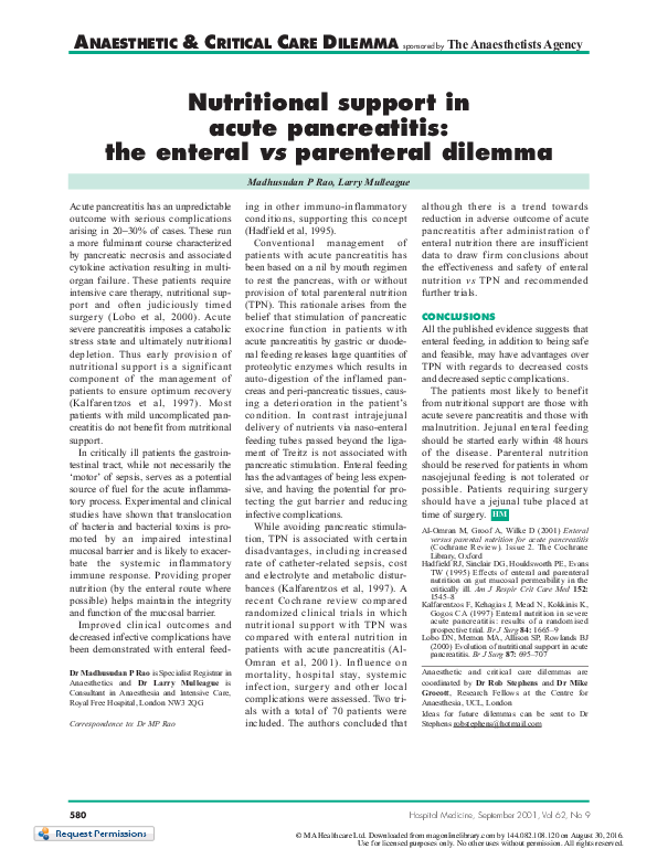 (PDF) Nutritional support in acute pancreatitis: the enteral vs ...