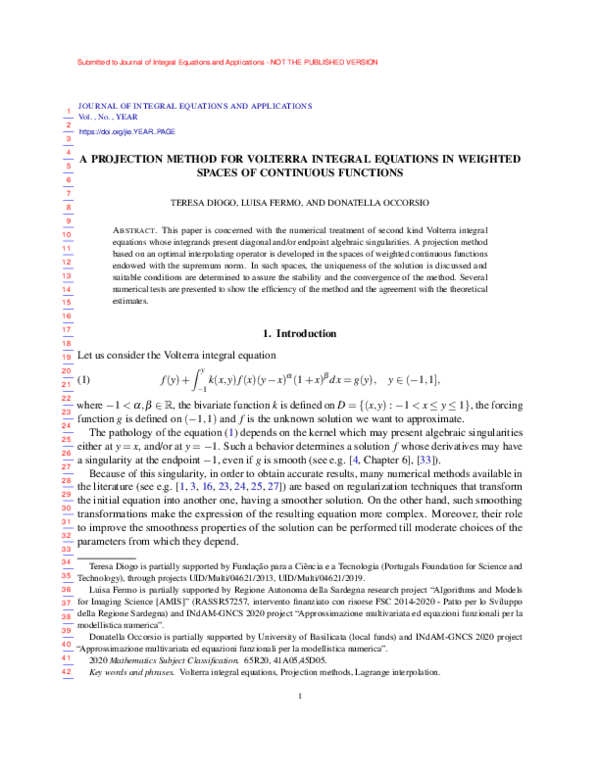 (PDF) A Projection Method for Volterra Integral Equations in Weighted ...