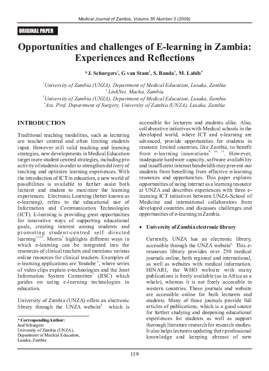 (PDF) Opportunities and challenges of E-learning in Zambia: Experiences