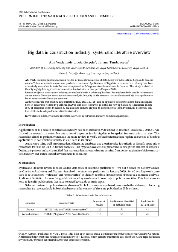 (PDF) Big data in construction industry systematic literature overview