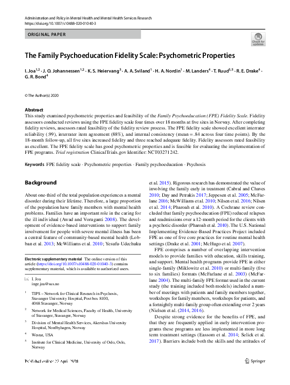 (PDF) The Family Psychoeducation Fidelity Scale: Psychometric Properties