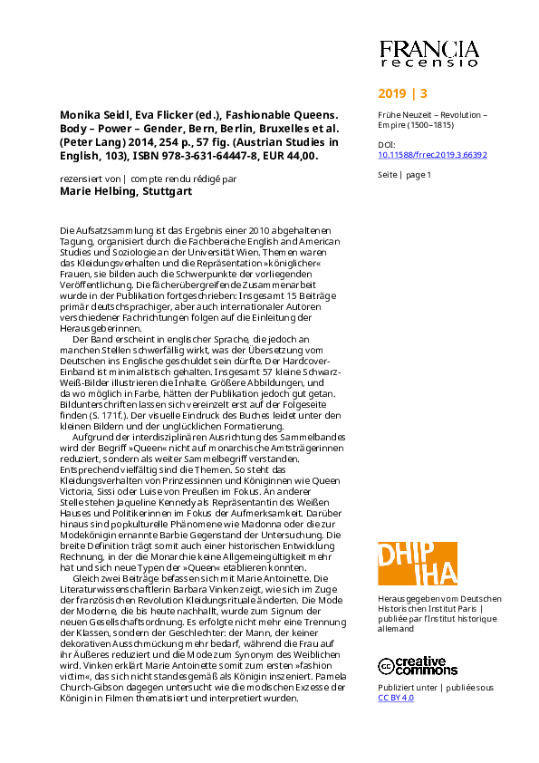 (PDF) Fashionable Queens. Body – Power – Gender, herausgegeben von ...