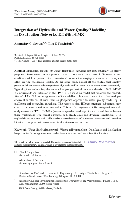 (PDF) Integration of Hydraulic and Water Quality Modelling in ...