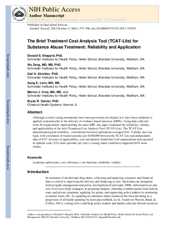 (PDF) The Brief Treatment Cost Analysis Tool (TCAT-Lite) for Substance ...