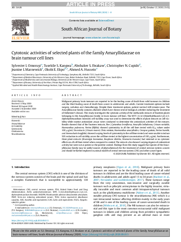 Cytotoxic activities of selected plants of the family Amaryllidaceae on brain tumour cell lines
