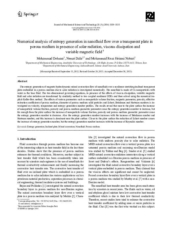 (PDF) Numerical analysis of entropy generation in nanofluid flow over a ...